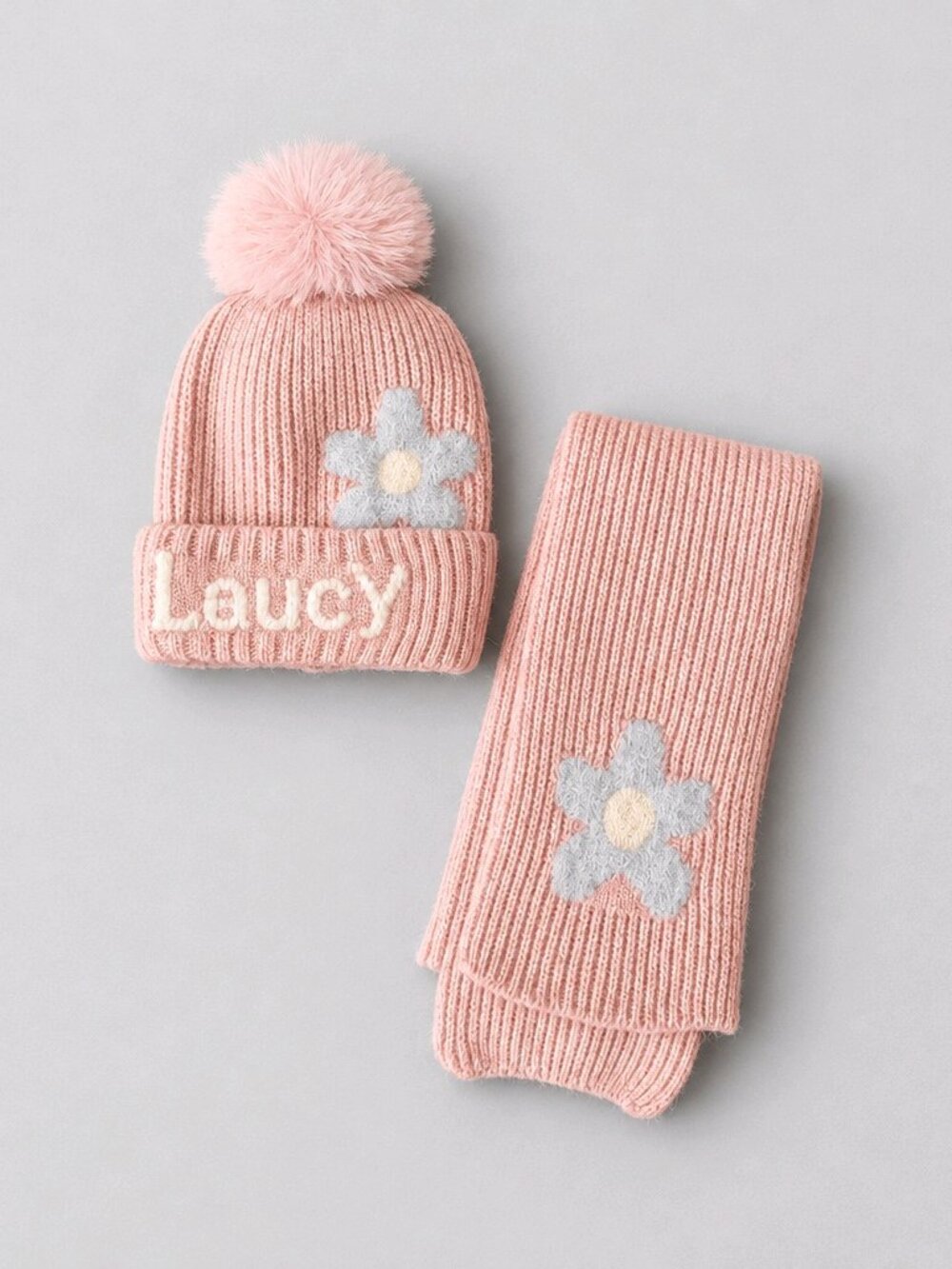 Pink Flower Knit Pink Hat & Scarf Girls Set 2-5 Years